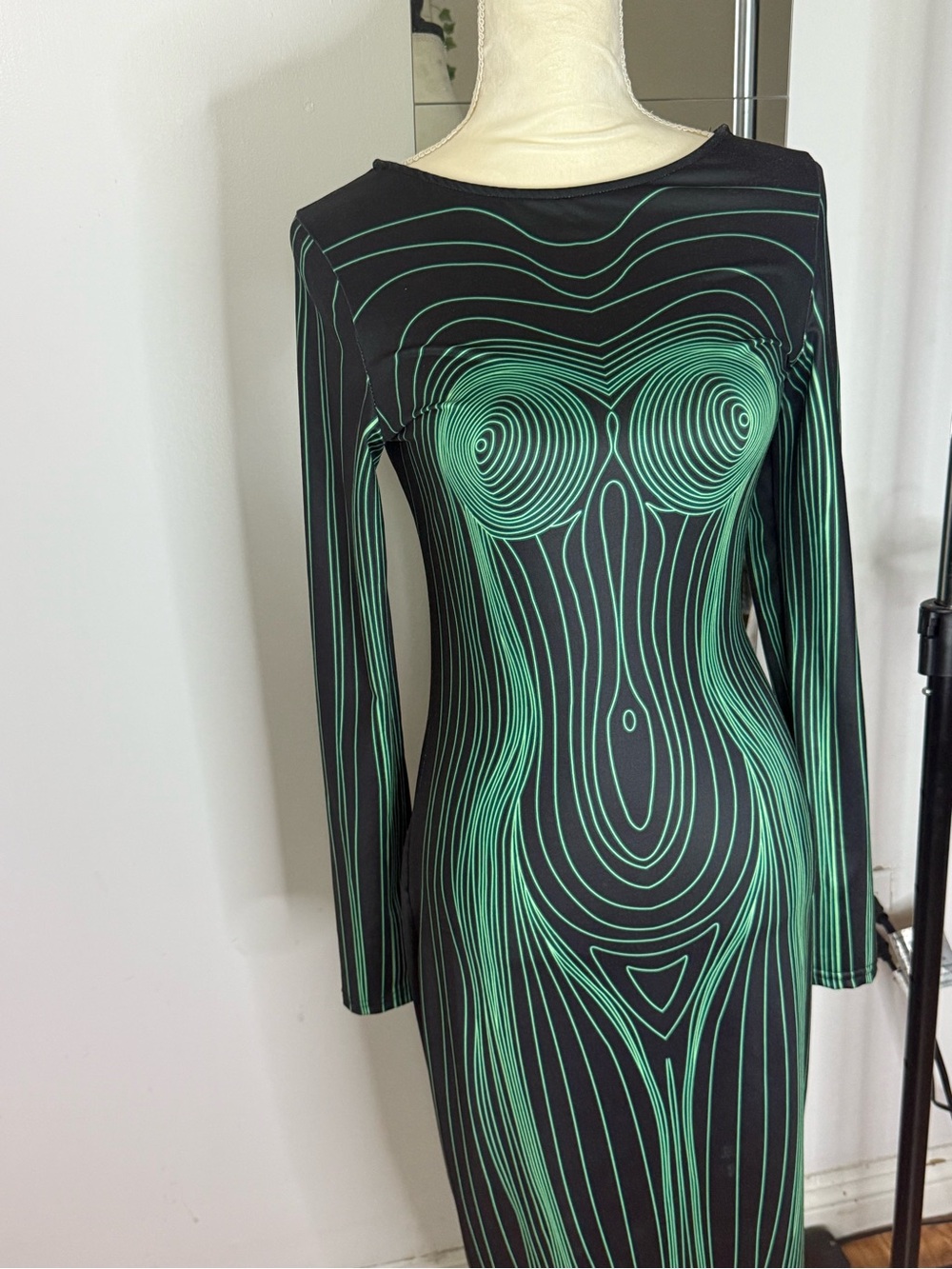 Black Bodycon Dress with Teal Optical Line Art